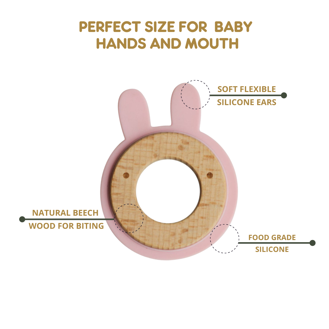 Little Rawr Wood + Silicone Disc Teether- Rabbit(Pink)