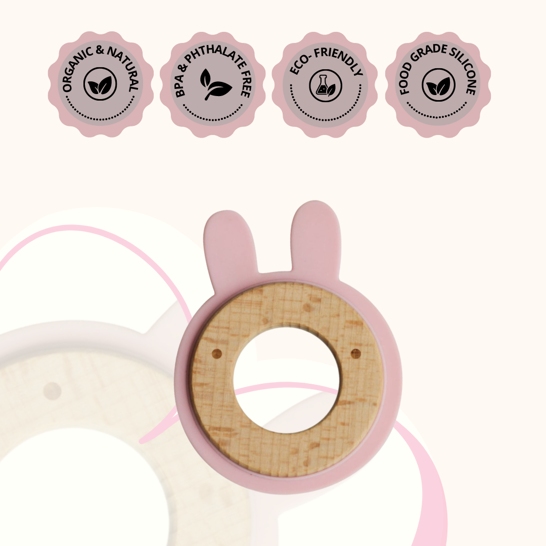 Little Rawr Wood + Silicone Disc Teether- Rabbit(Pink)