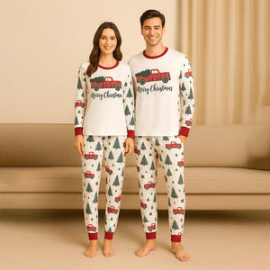 Adults Red Big Truck soft Cotton,Christmas Nightsuit, 1 Pcs - Top & Bottom Set - S Nightsuits
