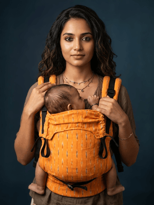 Woman facing forward wearing the bright mustard yellow Almitra Tattva Kasundi Ikkat baby carrier holding an infant centered against her chest.