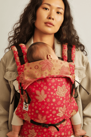 "Mother carrying her baby in a premium red floral ergonomic baby carrier with adjustable shoulder straps and padded waist belt. Soft structured front baby carrier for newborns and infants, providing hip-healthy support, breathable comfort, and hands-free parenting."