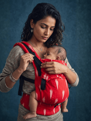 A mother adjusting her baby inside the red Almitra Tattva Shendur Ikkat carrier, showcasing the top folded fabric panel providing head and neck support.