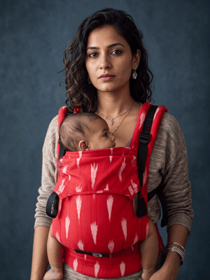 Front view of a woman wearing the red and white Almitra Tattva Shendur Ikkat baby carrier with her infant secured safely inside.
