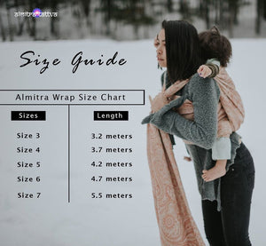 Almitra Tattva size guide and length chart for woven wraps, featuring sizes 3 to 7