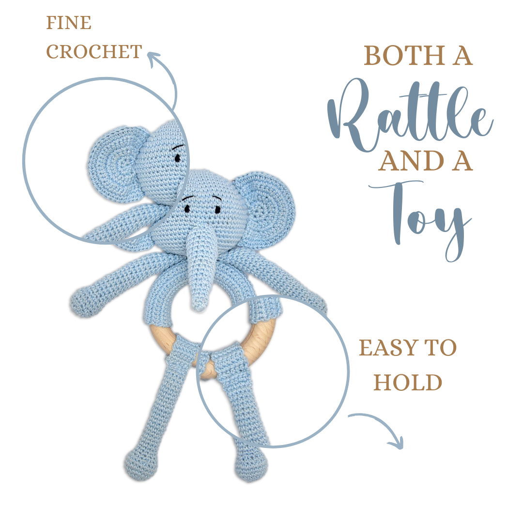 Happy Threads | Tiny Trunkies Crochet Baby Rattle Toy – Handmade with Love & Care