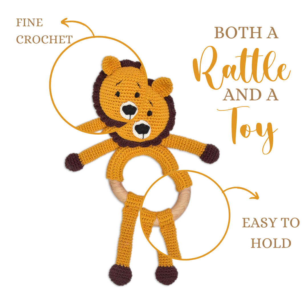 Happy threads | Mini Simba Rattle Toy – Handcrafted Crochet Rattle for Newborns