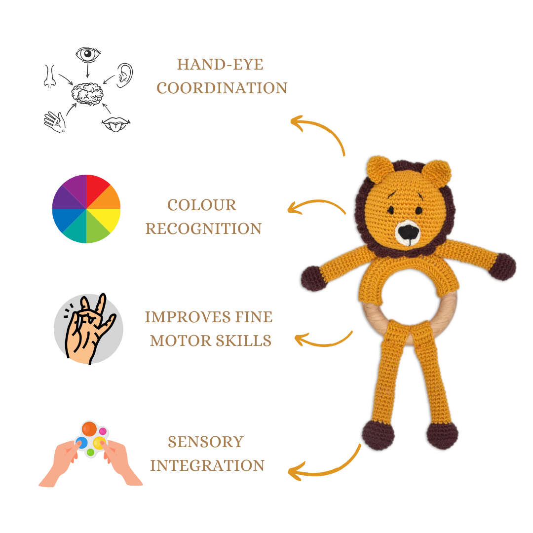 Happy threads | Mini Simba Rattle Toy – Handcrafted Crochet Rattle for Newborns
