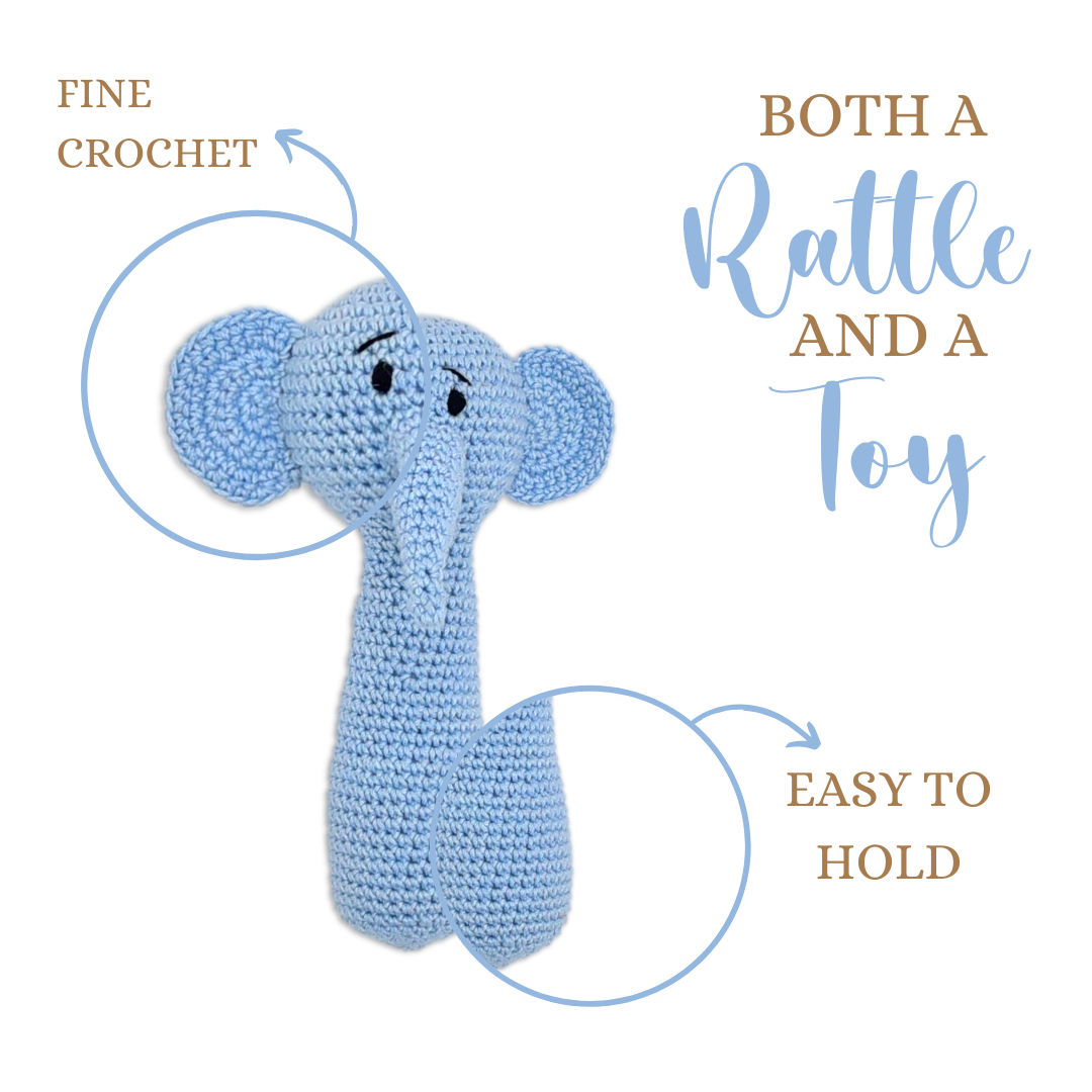 Happy threads | Tiny Trunkies Crochet Hand Rattle – Ideal Baby Gift & Keepsake Toy