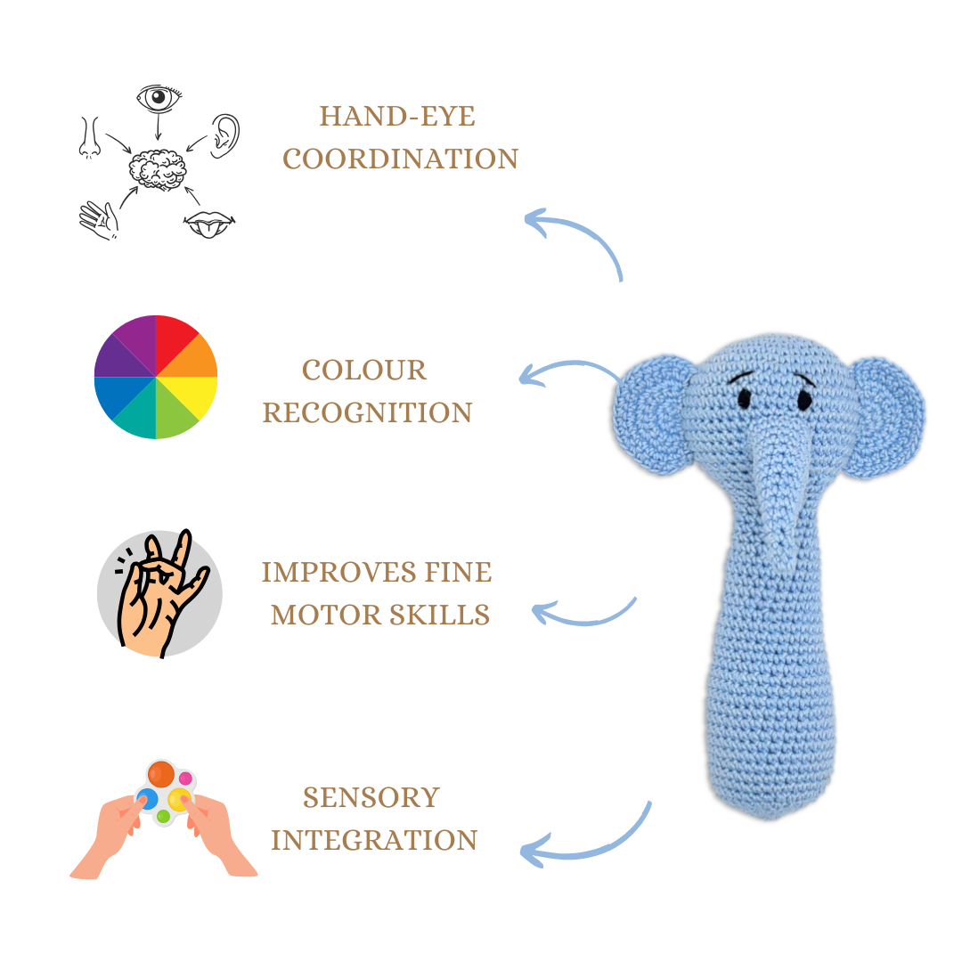 Happy threads | Tiny Trunkies Crochet Hand Rattle – Ideal Baby Gift & Keepsake Toy