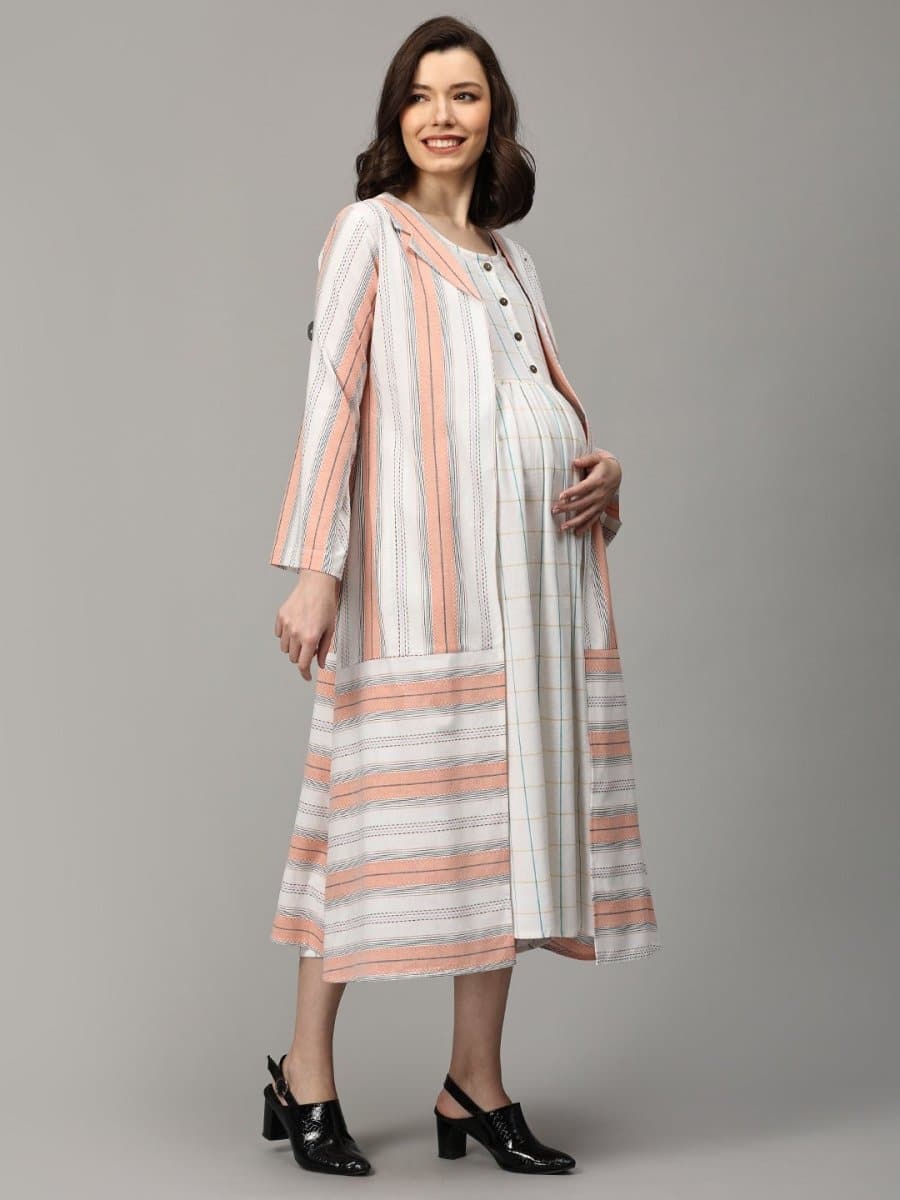 Apricot Aura Stripe Maternity and Nursing Shacket Dress - DRS-SK-APRAS-S