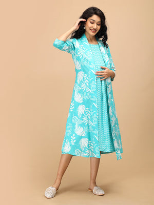 Front view of aqua maternity and nursing dress layered with a matching open-front shacket.
