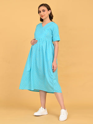 Side view of Aquamarine Affair Maternity and Nursing Dress showing flowy silhouette and bump-friendly design.