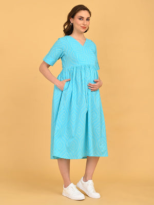 Side view of Aquamarine Affair Maternity and Nursing Dress showing flowy silhouette and bump-friendly design.