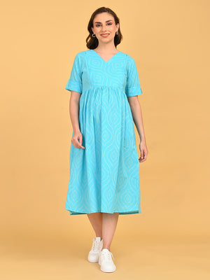 Front view of Aquamarine Affair Maternity and Nursing Dress with V-neck, gathered waist, and comfortable knee-length fit.