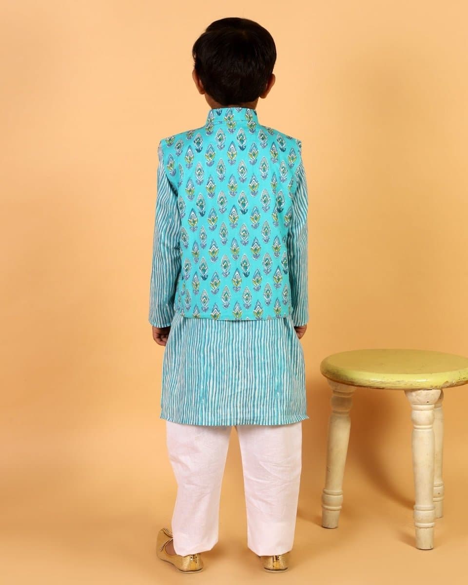 Aquarius Blue Block Print Jacket and Kurta Pajama Set - KP-TRQBP-0-6