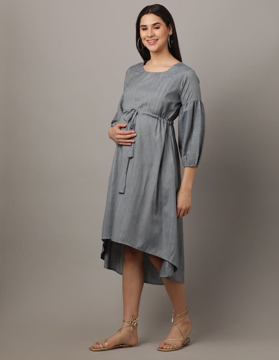 Arona Grey Shimmer Stripes Maternity and Nursing Dress - DRS-GYSHR-S