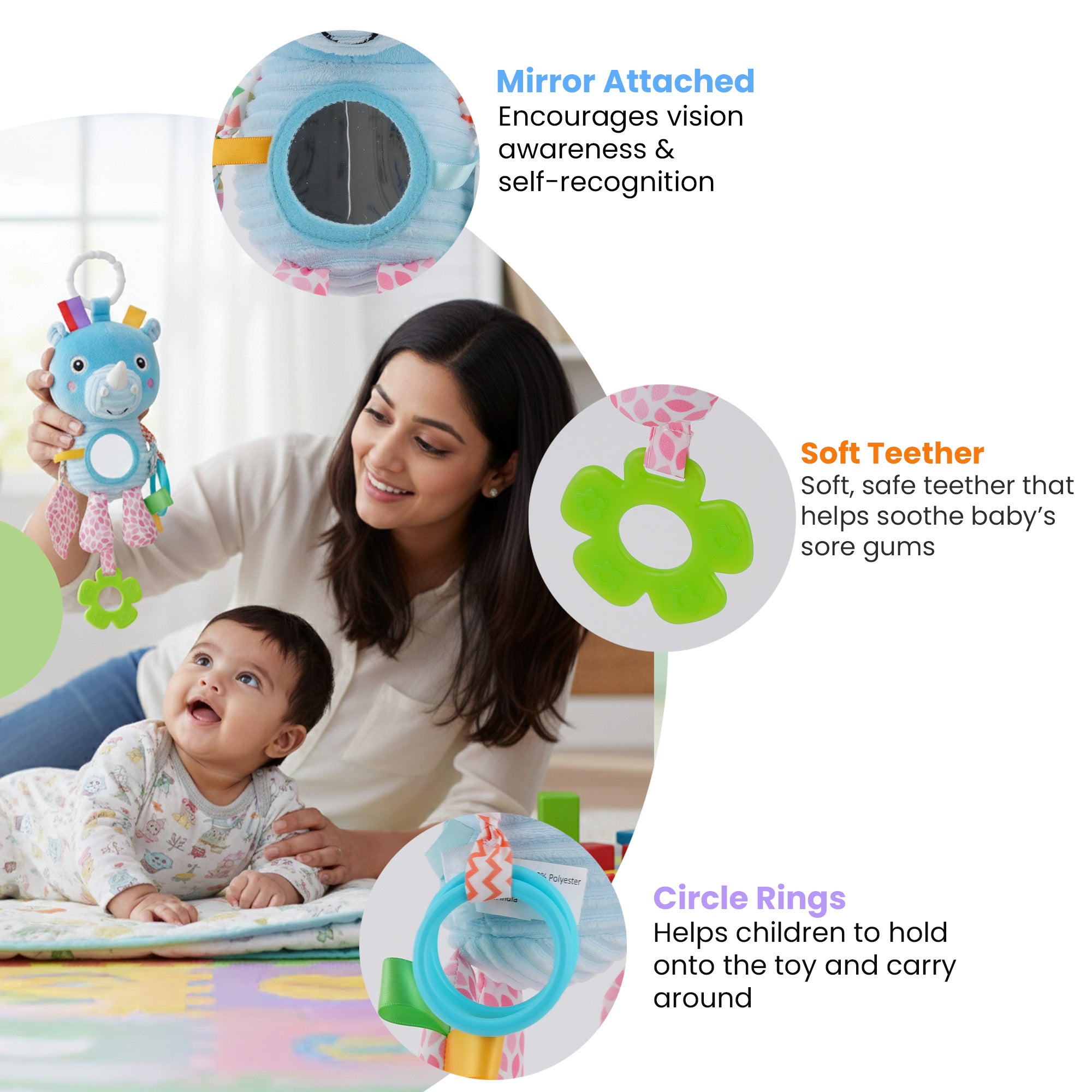 Nuluv Activity Rhino Plush Sensory Baby Toy for Teething & Tummy Time