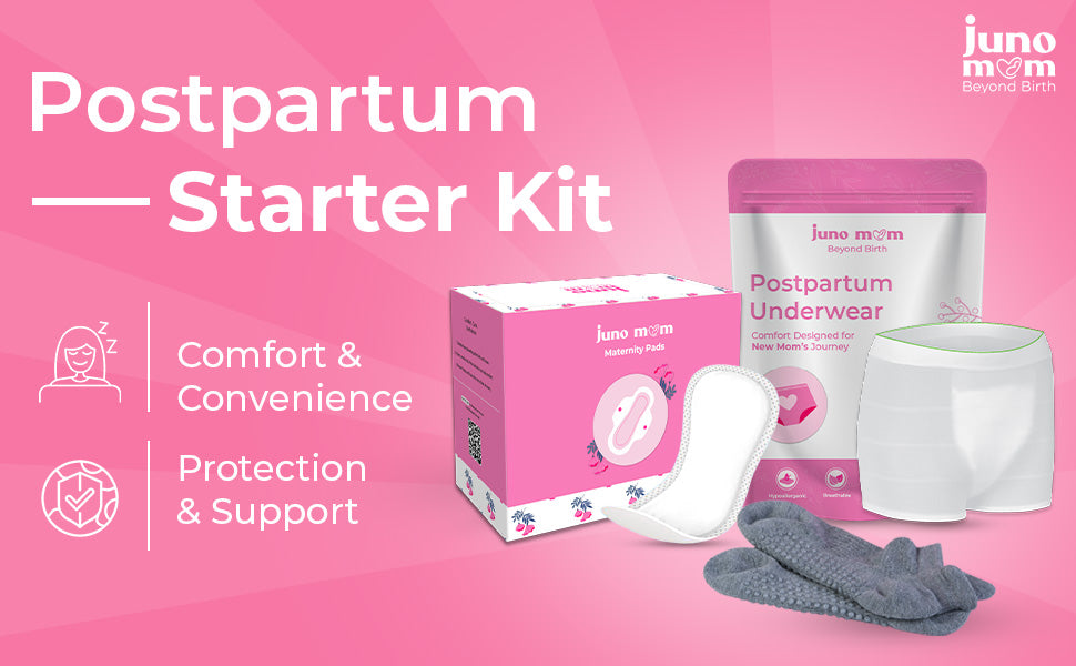 Juno Mom Postpartum Starter Kit |Grip Socks, Maternity Pads & Disposable Underwear