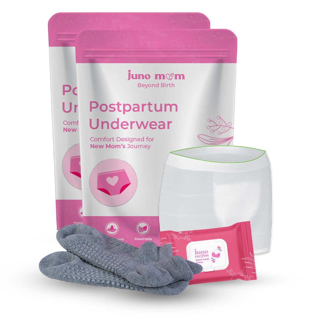 Juno Mom Postpartum Comfort Bundle | Witch-Hazel Wipes, Anti-Skid Grip Socks & Disposable Underwear