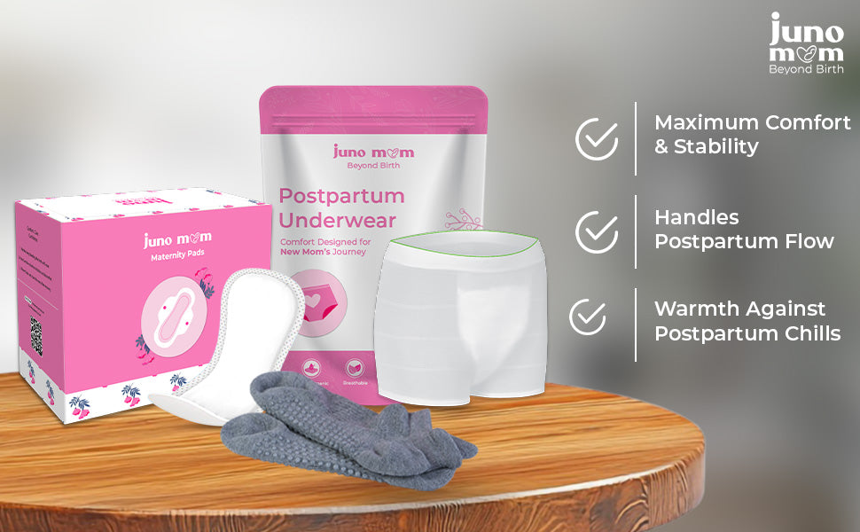 Juno Mom Postpartum Starter Kit |Grip Socks, Maternity Pads & Disposable Underwear