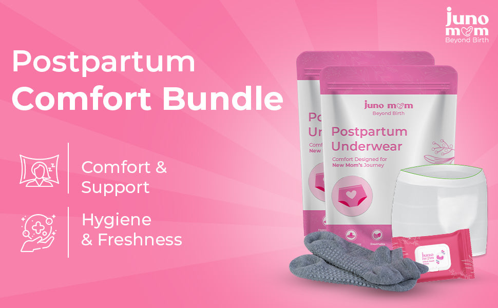 Juno Mom Postpartum Comfort Bundle | Witch-Hazel Wipes, Anti-Skid Grip Socks & Disposable Underwear