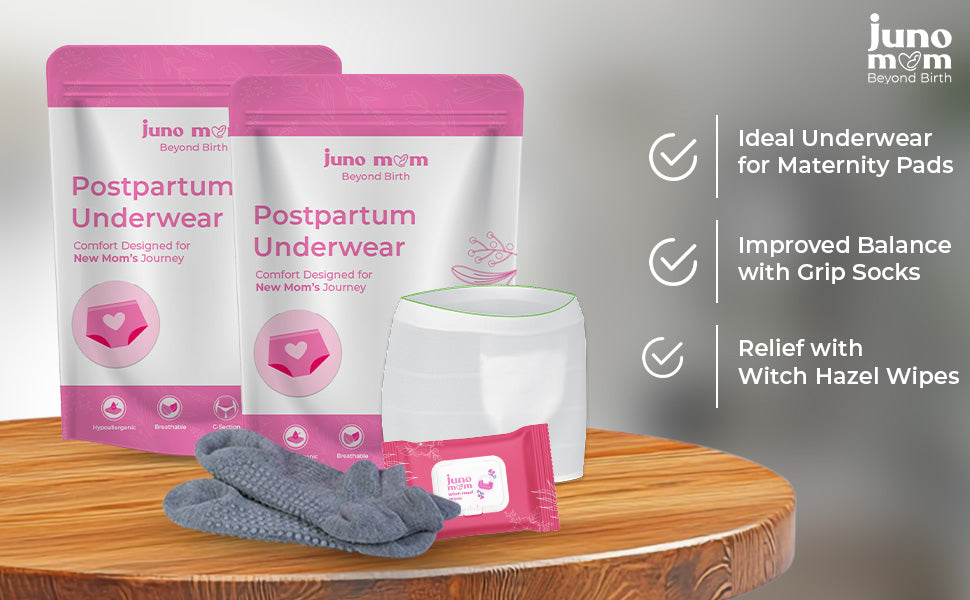 Juno Mom Postpartum Comfort Bundle | Witch-Hazel Wipes, Anti-Skid Grip Socks & Disposable Underwear