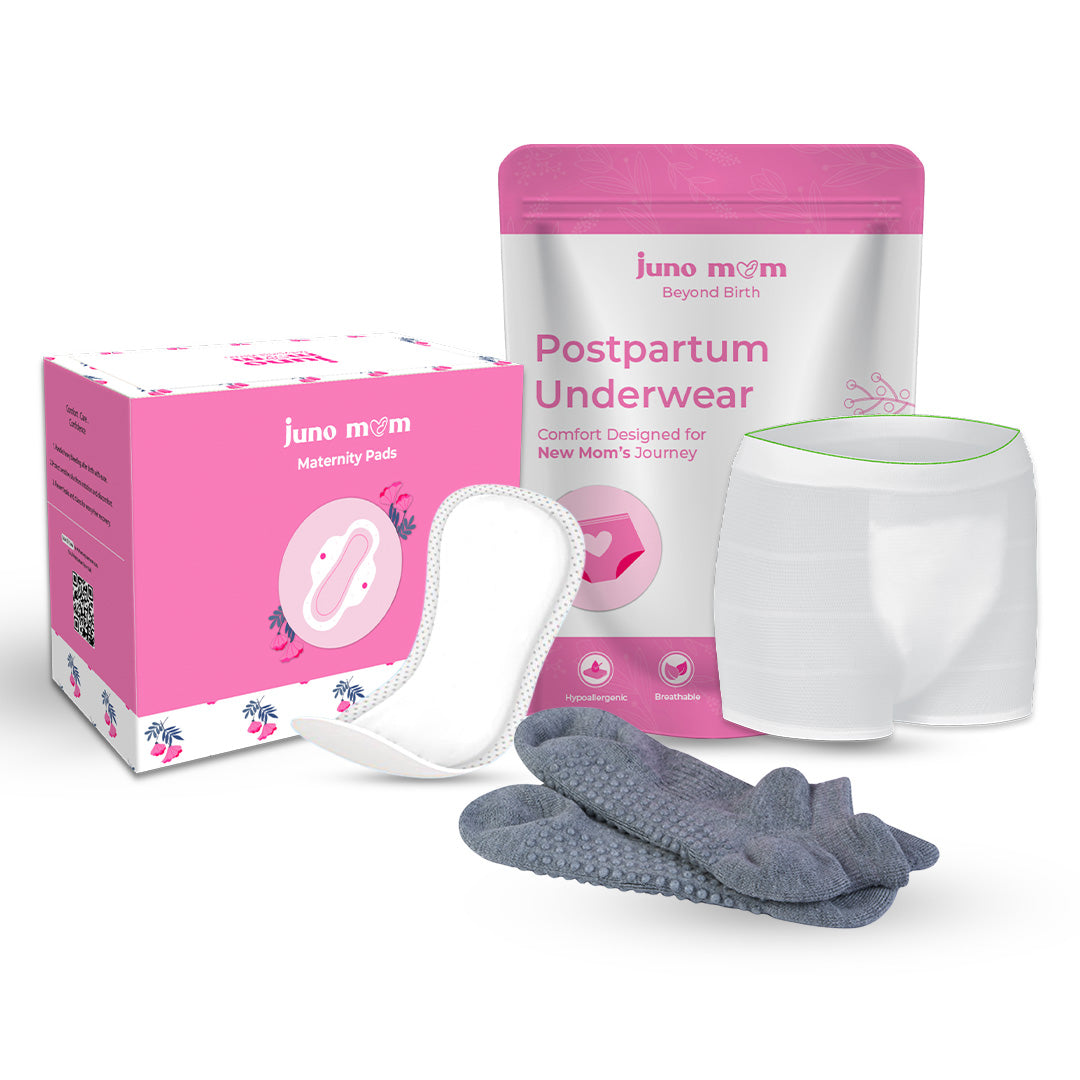 Juno Mom Postpartum Starter Kit |Grip Socks, Maternity Pads & Disposable Underwear