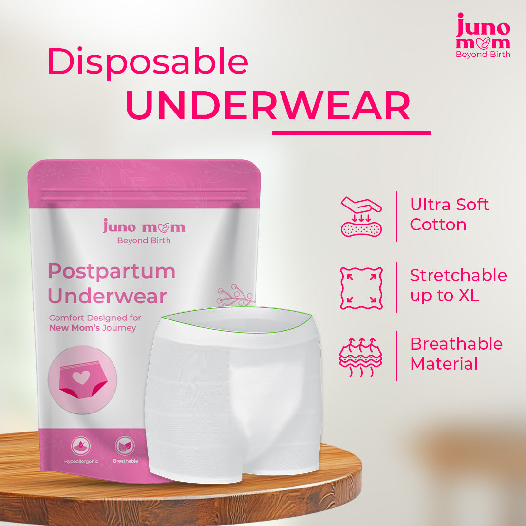 Juno Mom Postpartum Comfort Bundle | Witch-Hazel Wipes, Anti-Skid Grip Socks & Disposable Underwear