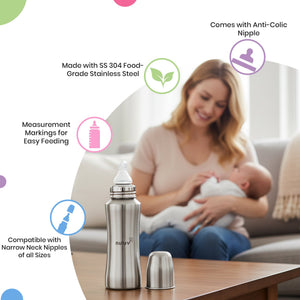 Nuluv Narrow Neck Steel Feeding Bottle with nipple - The Mom Store