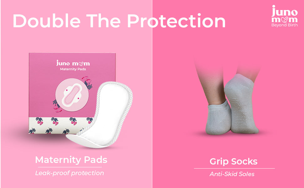 Juno Mom Extra Care Essentials | Ultra-Absorbent Maternity Pads (7 x 2) & 1 Pair of Grip Socks