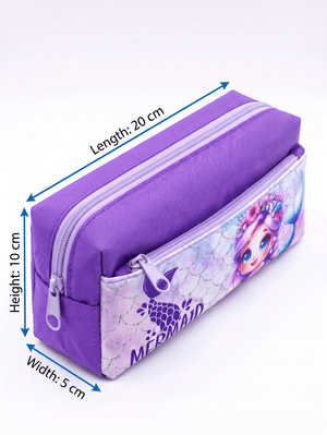 Asobi Kids | Mermaid Princess Large Capacity Pencil Case | Durable Purple Canvas Stationery Pouch for School & Desk Storage - Stationery