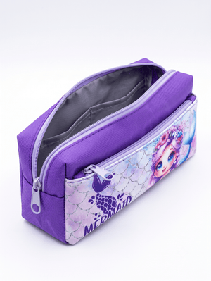 Asobi Kids | Mermaid Princess Large Capacity Pencil Case | Durable Purple Canvas Stationery Pouch for School & Desk Storage - Stationery