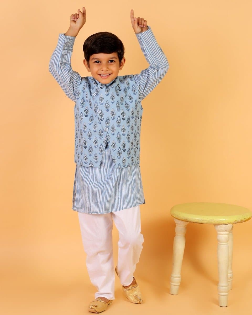 Aster Blue Block Print Jacket and Kurta Pajama Set - KP-BYBLP-0-6