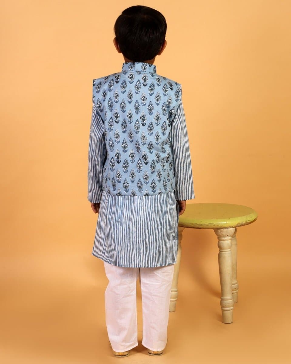 Aster Blue Block Print Jacket and Kurta Pajama Set - KP-BYBLP-0-6
