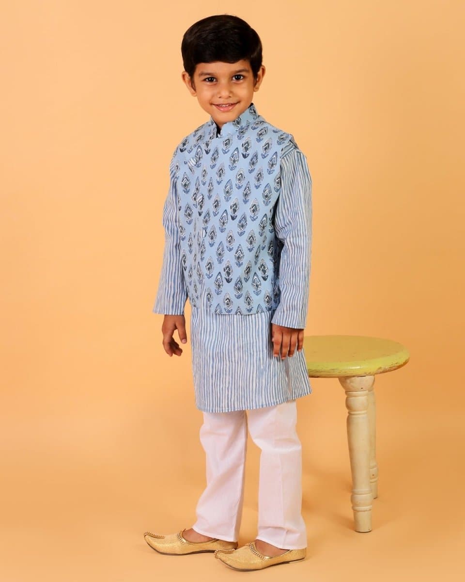 Aster Blue Block Print Jacket and Kurta Pajama Set - KP-BYBLP-0-6