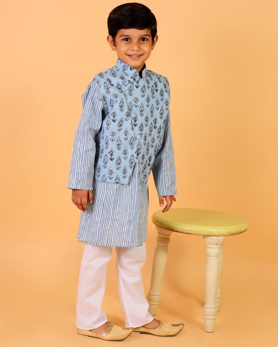 Aster Blue Block Print Jacket and Kurta Pajama Set - KP-BYBLP-0-6