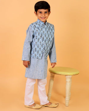 Aster Blue Block Print Jacket and Kurta Pajama Set - KP-BYBLP-0-6