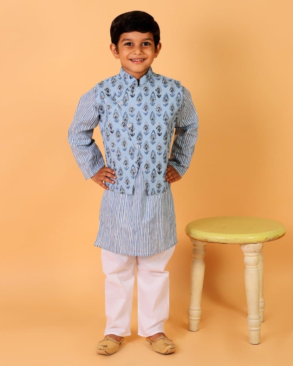 Aster Blue Block Print Jacket and Kurta Pajama Set - KP-BYBLP-0-6