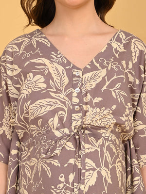 Aura in Bloom Maternity and Nursing Kaftan Nighty front view with hands near neckline, emphasizing button-down nursing feature.