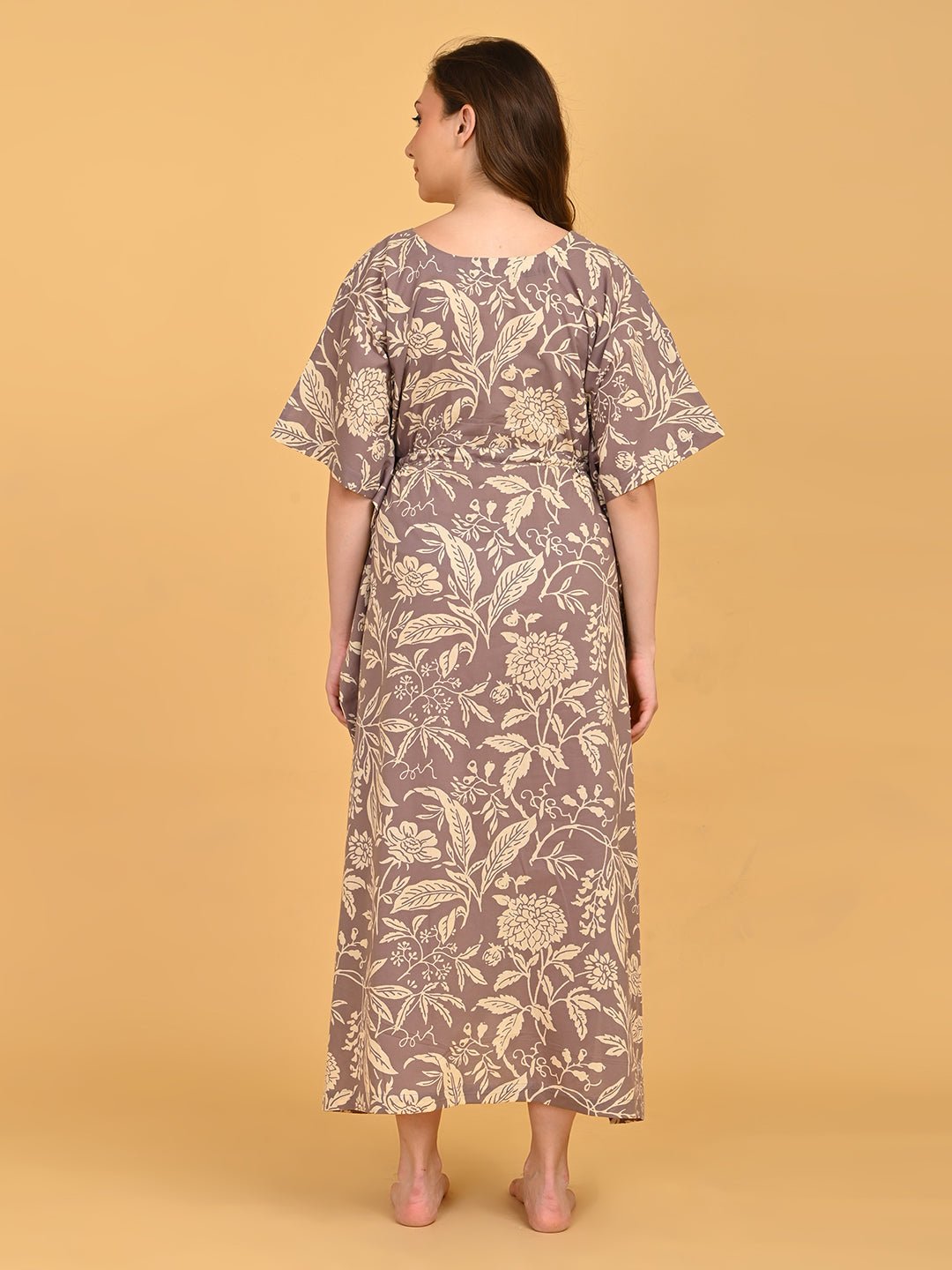 Aura in Bloom Maternity and Nursing Kaftan Nighty back view showing loose, flowy silhouette and midi length.