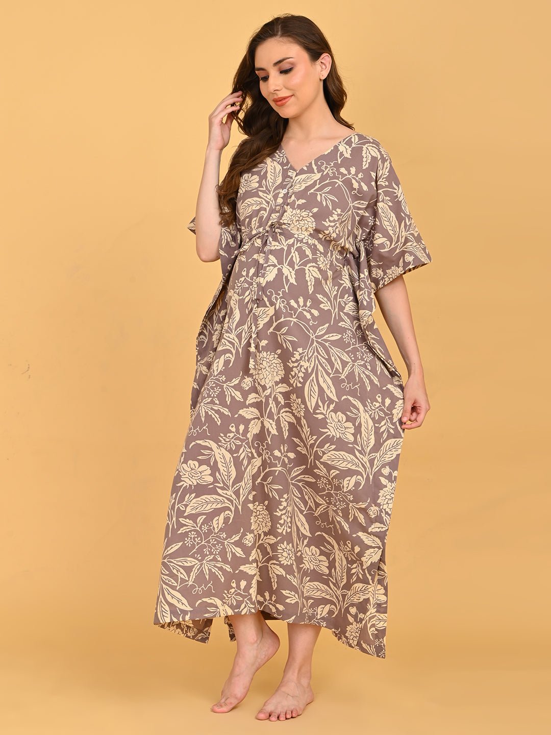 Aura in Bloom Maternity and Nursing Kaftan Nighty angled front pose showcasing adjustable waist tie and elegant floral design.