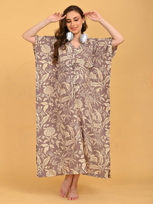 Aura in Bloom Maternity and Nursing Kaftan Nighty full-length front walking pose highlighting side slits and comfortable drape.