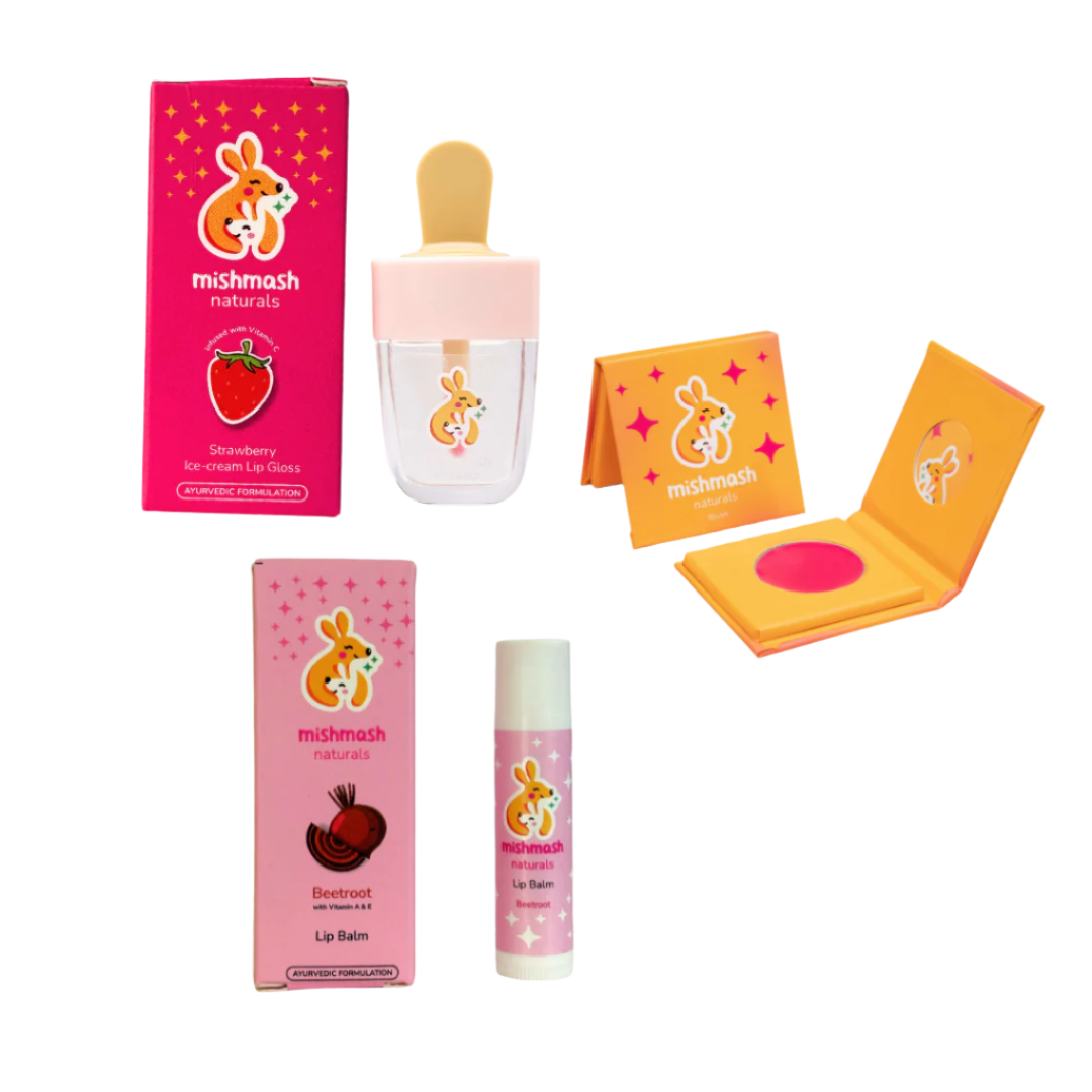 Mishmash Naturals Glam Trio - Ayurvedic Kids Makeup Kit – Blush, Lip Balm & Lip Gloss  | Kids Makeup Kit for Girls Age 3-14 | Pack of 3