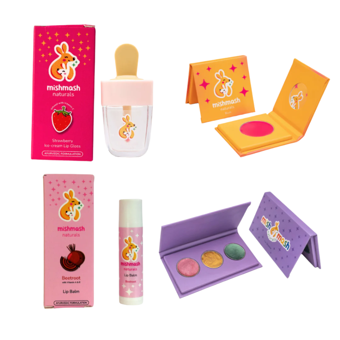 Mishmash Naturals Ayurvedic Kids Face care Combo -Ayurvedic Kids Makeup Kit – Blush, Lip Balm, Lip Gloss & Eyeshadow | Kids Makeup Kit for Girls Age 3-14 | Safe for age 3+