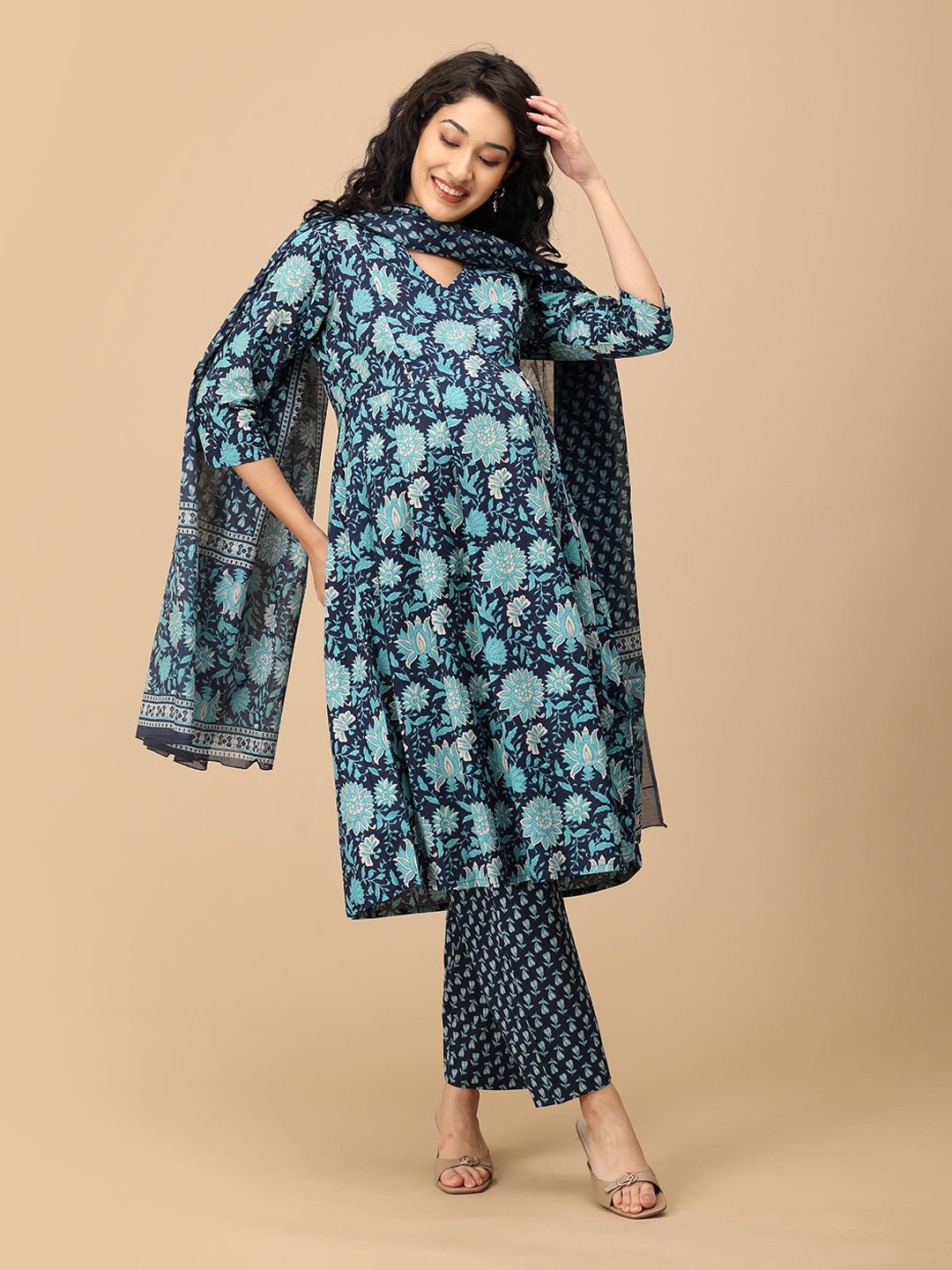 Front pose wearing Azure Grace maternity and nursing kurta set with dupatta – blue floral print