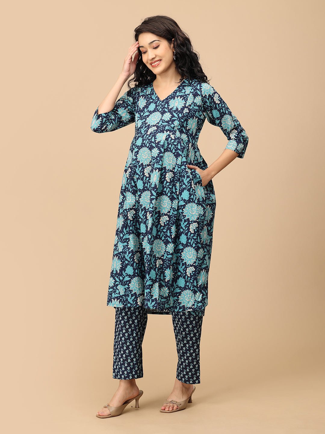 Side pose of Azure Grace maternity and nursing kurta set with baby-blue floral pattern