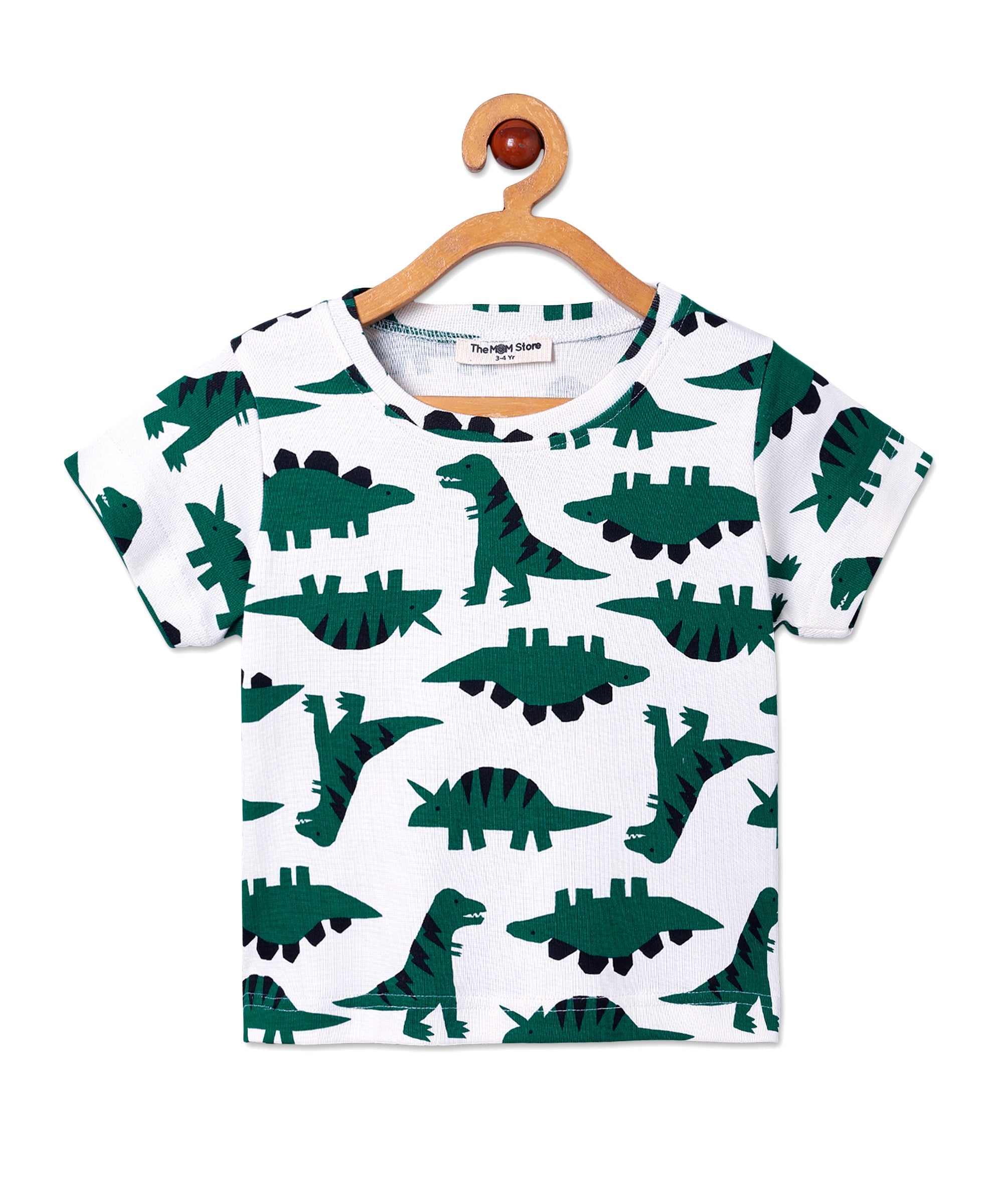 Front view of The Mom Store Dreamasaurus short-sleeve pajama top with cute dinosaur illustrations.