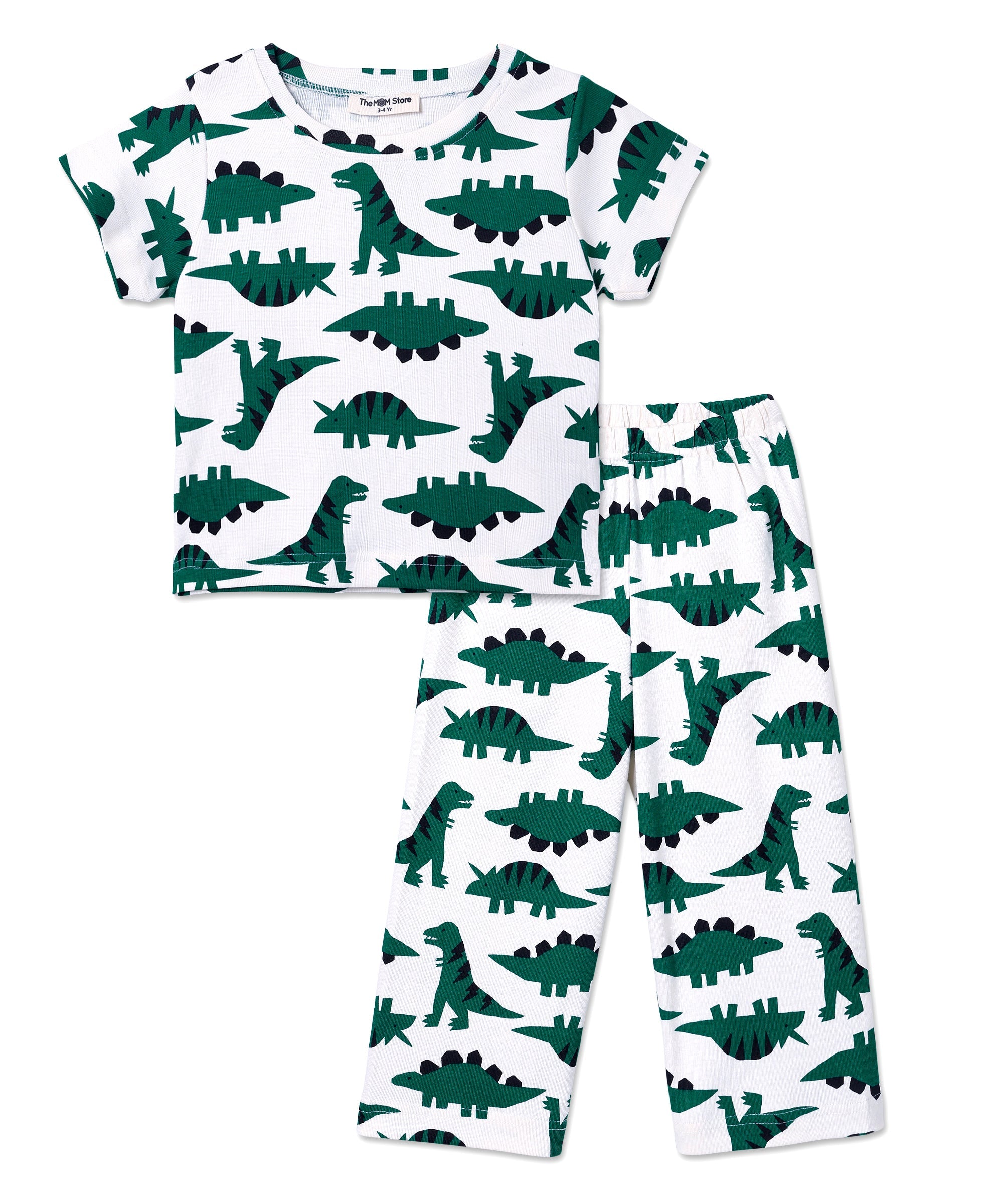 Flat lay of The Mom Store Dreamasaurus short-sleeve pajama set featuring matching dinosaur top and pants.