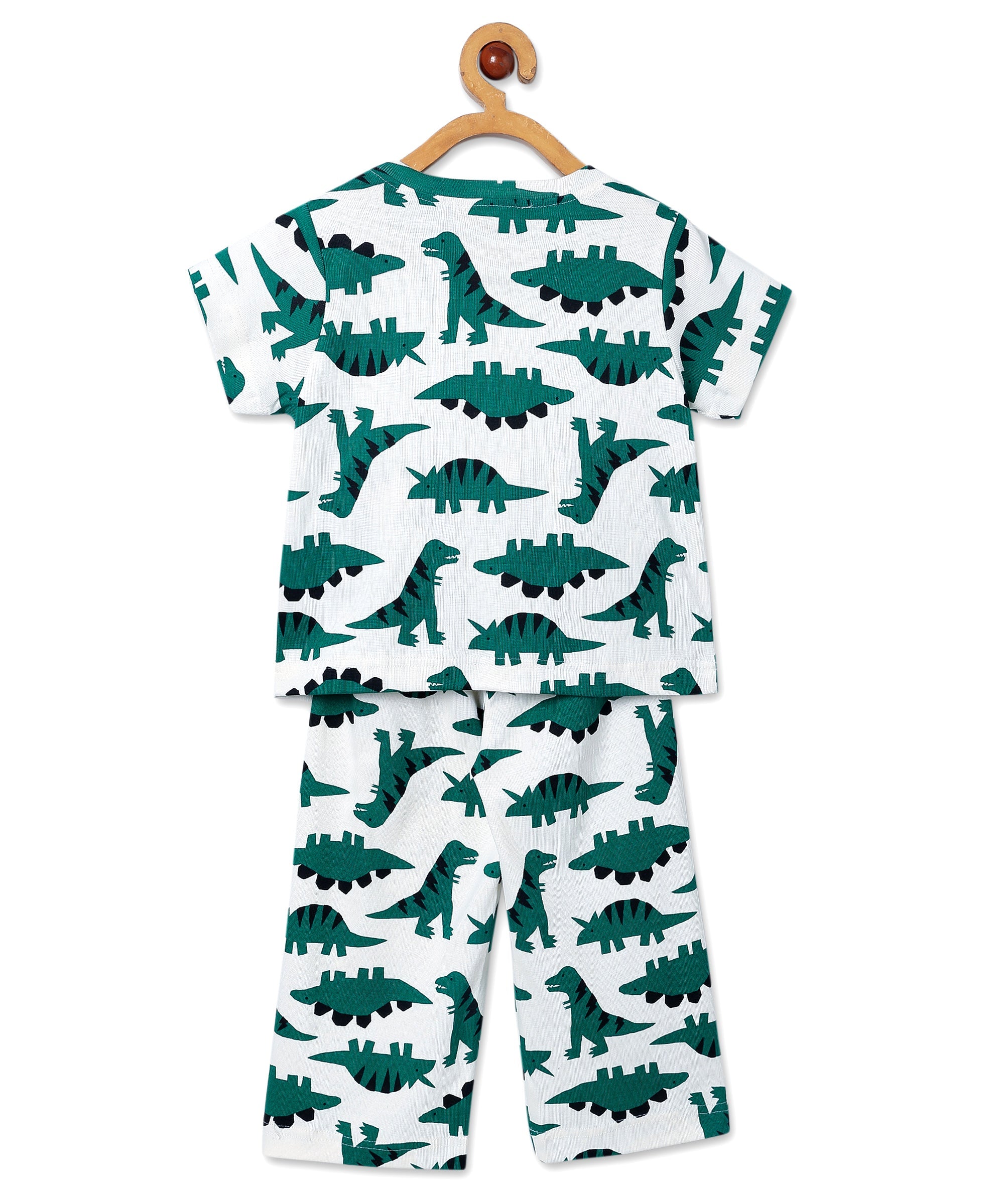 Back view of The Mom Store Dreamasaurus pajama set on hanger with all-over dinosaur pattern.