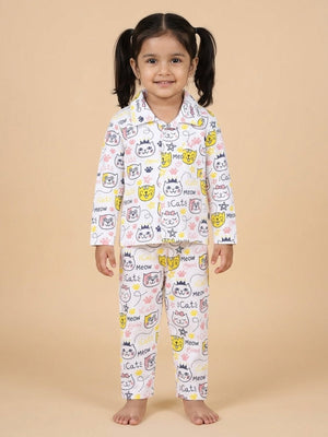 Baby and Kids Pajama Nightsuit Set - Meow Meow - 0-6 Months Baby Pyjamas Set